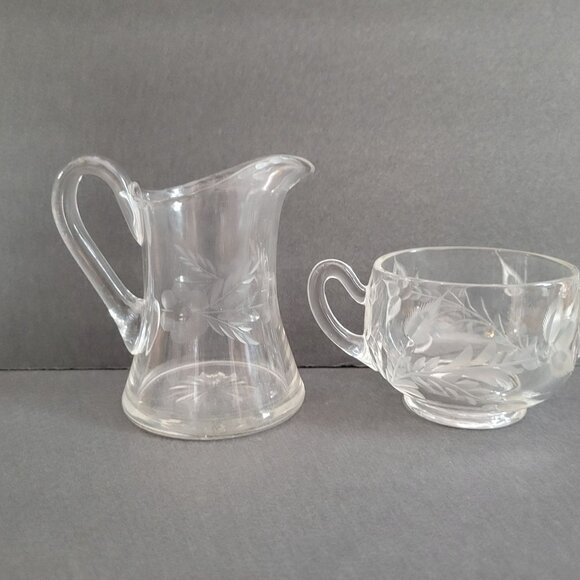 Vintage Glass Creamer & Sugar Bowl Set With Floral Etched Design - Elegant Clear - Picture 2 of 10